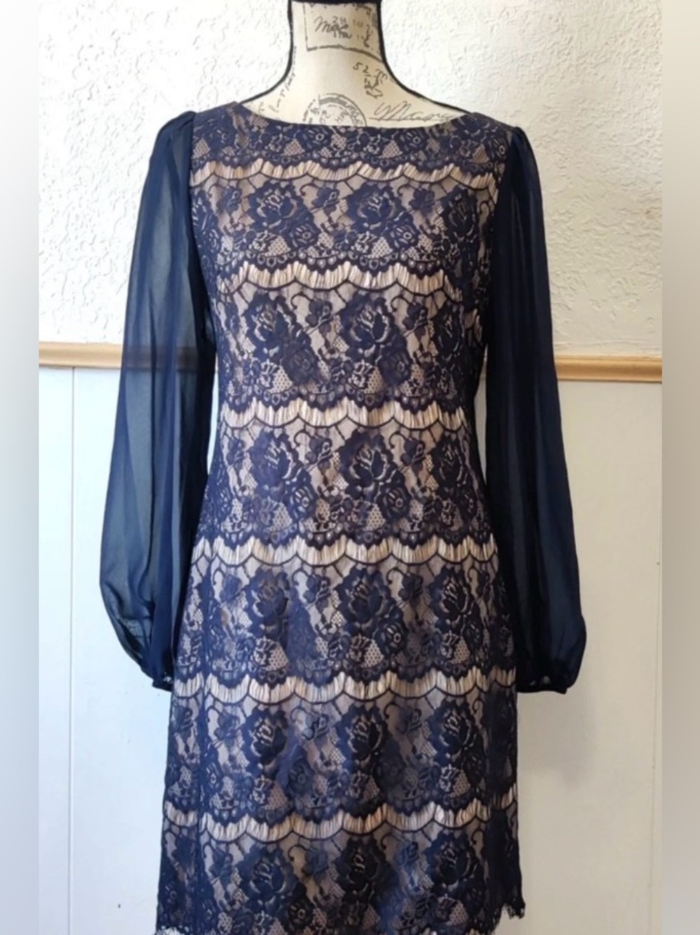 ELIZA J Navy Blue Lace Overlay W/Champagne Under Sheath Cocktail Dress Sz 2p